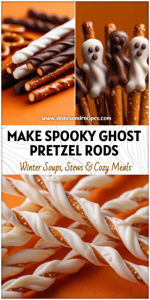 White chocolate ghost pretzel rods decorated as fun Halloween Pretzel Sticks on an orange background.